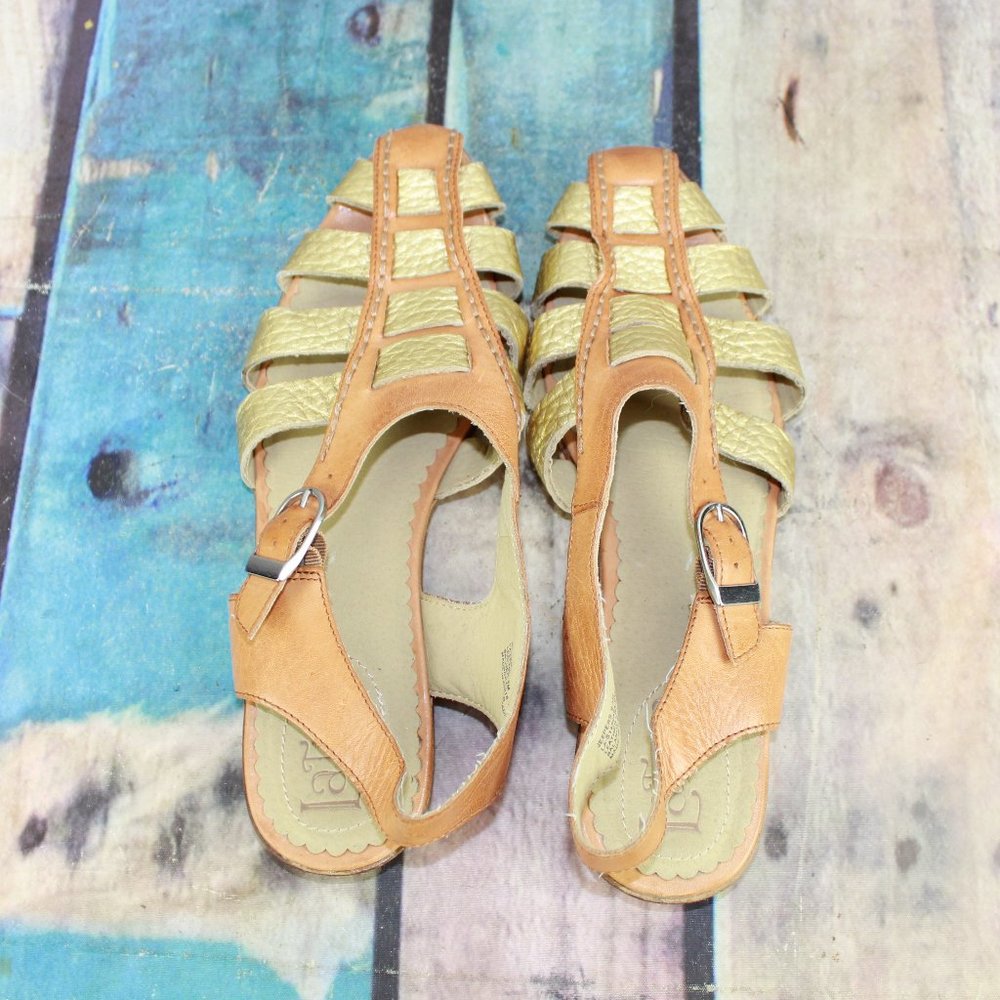 Latigo Jeepers Brown Gold Leather Ankle Strap Flat Sandals Size 9.5 M - Picture 6 of 9